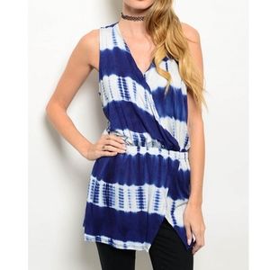 FINAL SMALL Blue Sleeveless V-Neck Tie Dye Top